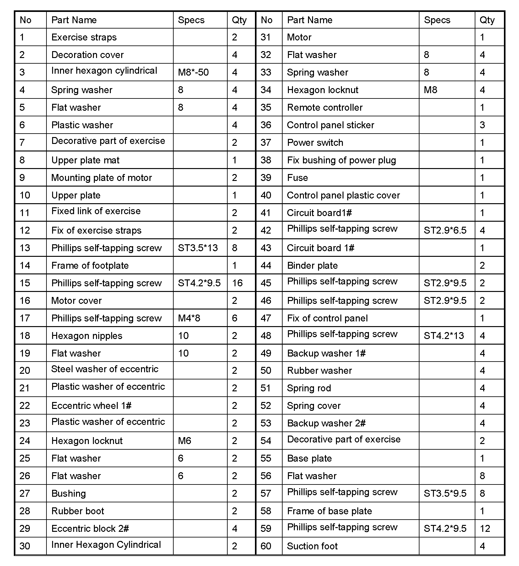 Vibration Plate Parts List